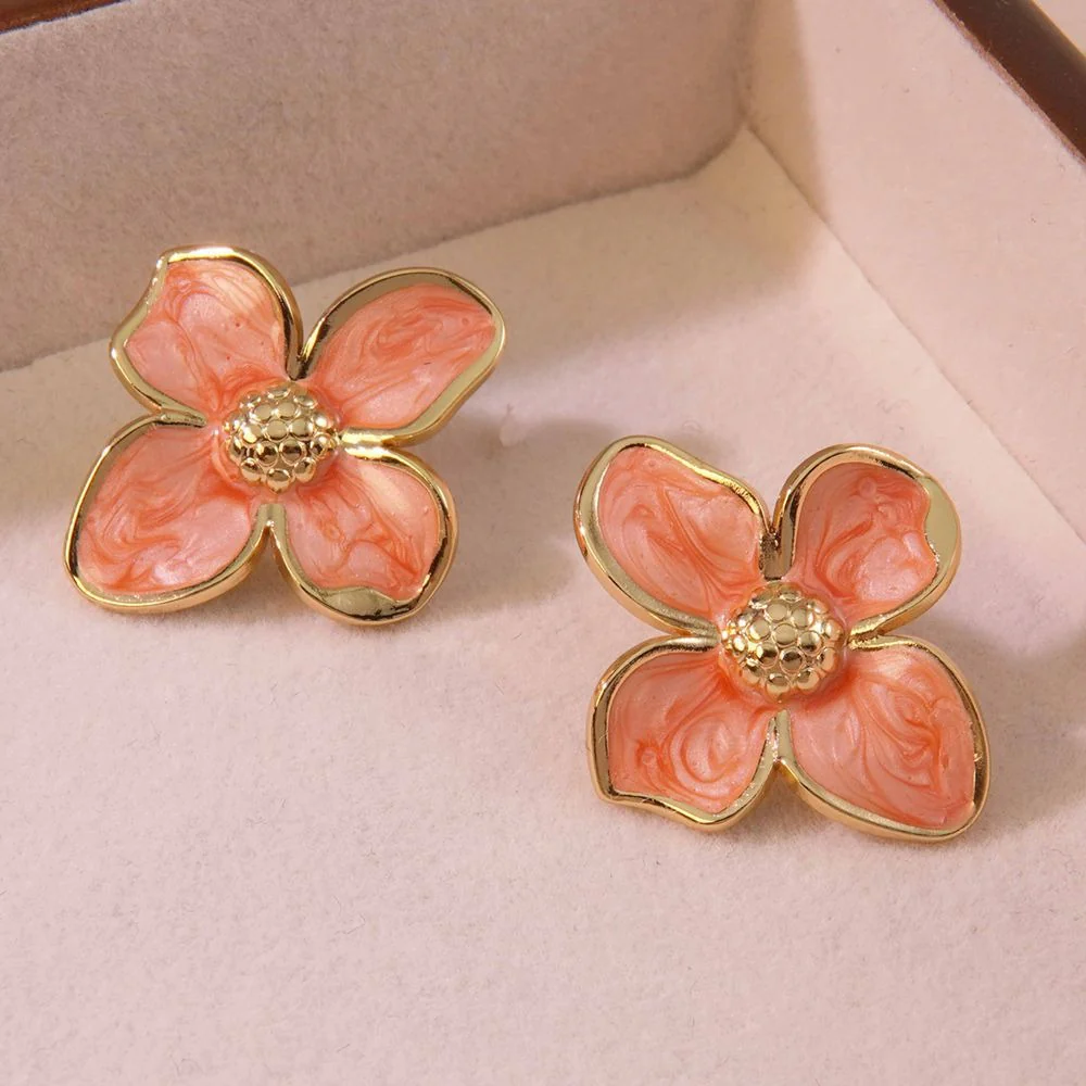 Pink Enamel Flower Stud Earrings - Image 4
