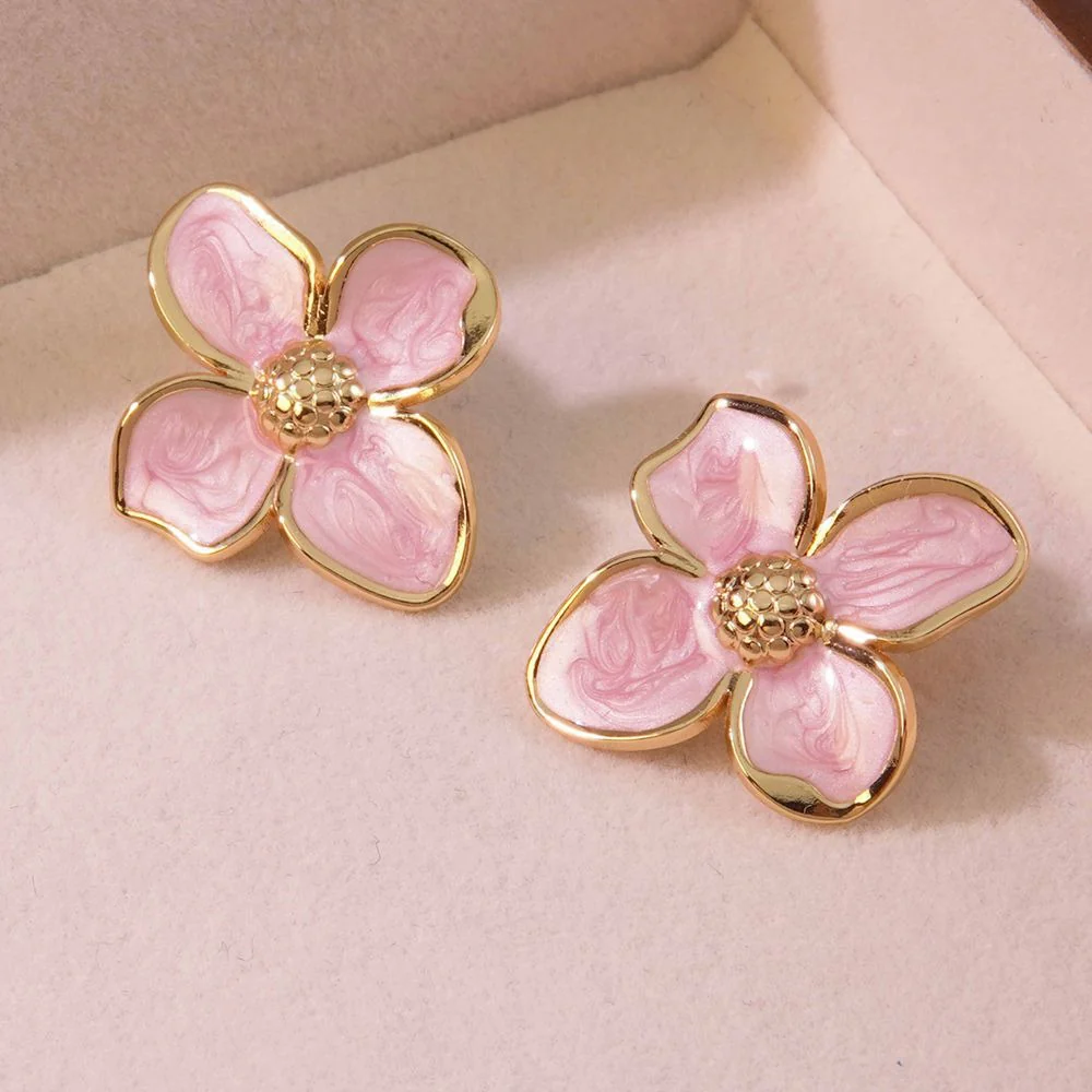 Pink Enamel Flower Stud Earrings - Image 6
