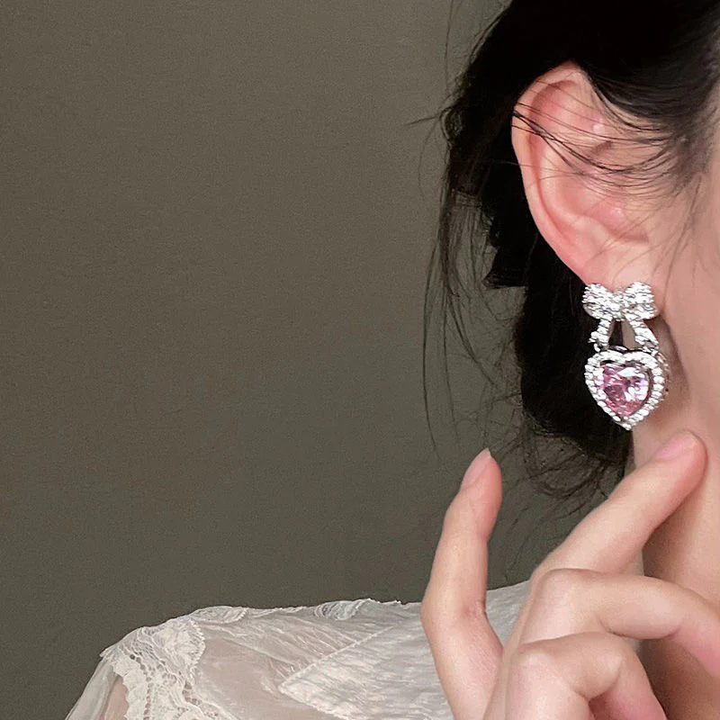 Pink Heart Bow Drop Earrings