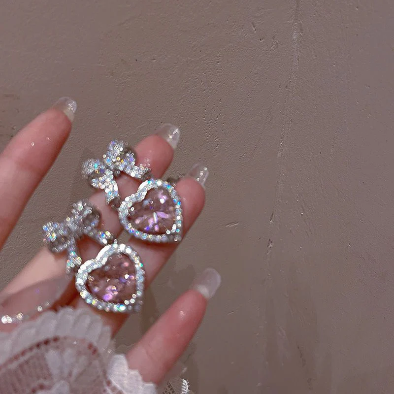 Pink Heart Bow Drop Earrings - Image 2