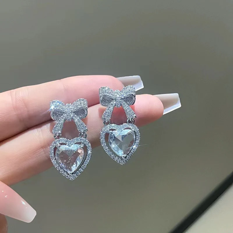 Pink Heart Bow Drop Earrings - Image 3