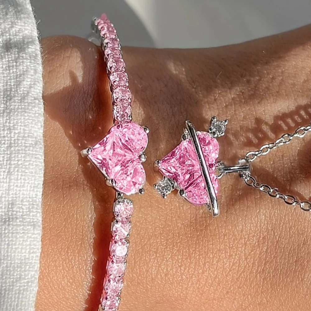 Pink Heart Crystal Necklace & Bracelet Set - Image 2