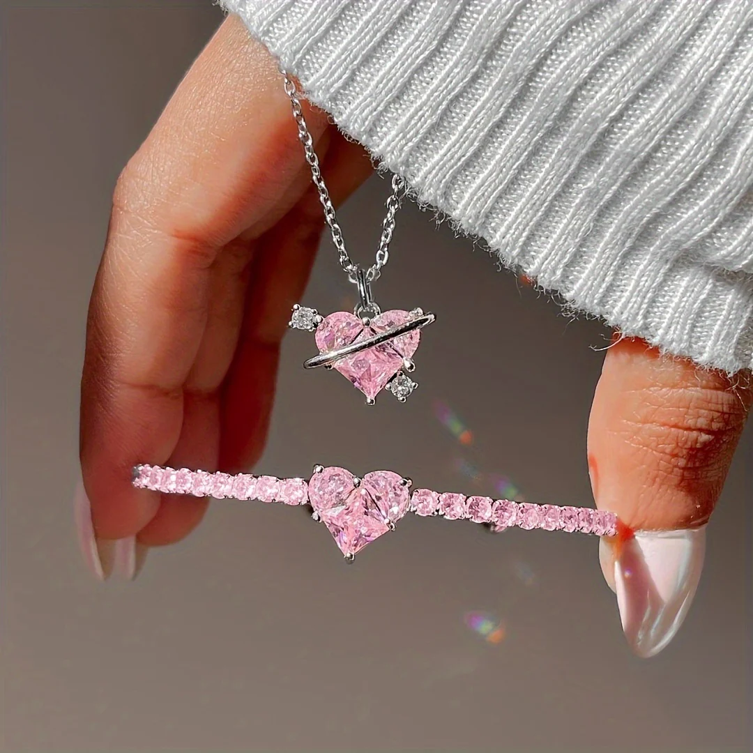 Pink Heart Crystal Necklace & Bracelet Set - Image 3