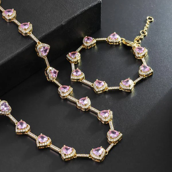 Pink Heart Shaped Necklace and Bracelet Set