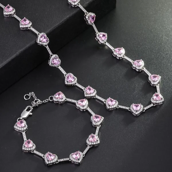 Pink Heart Shaped Necklace and Bracelet Set - Image 2