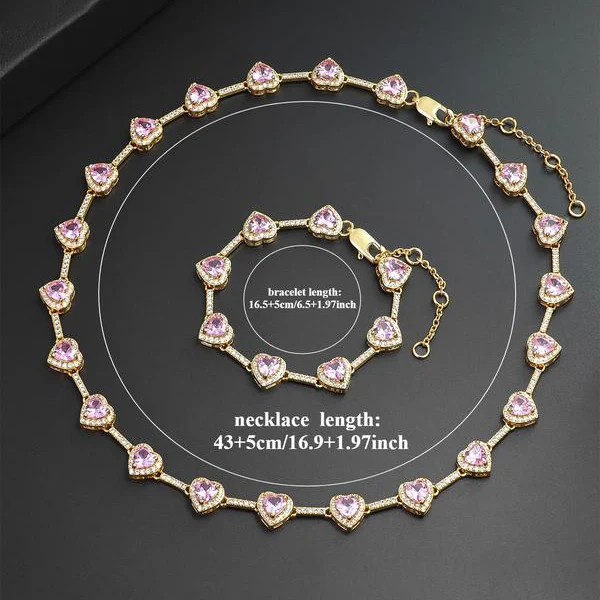 Pink Heart Shaped Necklace and Bracelet Set - Image 3