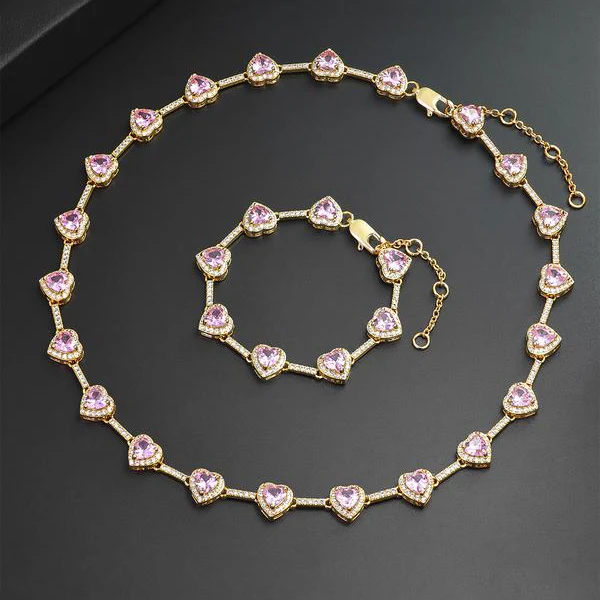 Pink Heart Shaped Necklace and Bracelet Set - Image 4