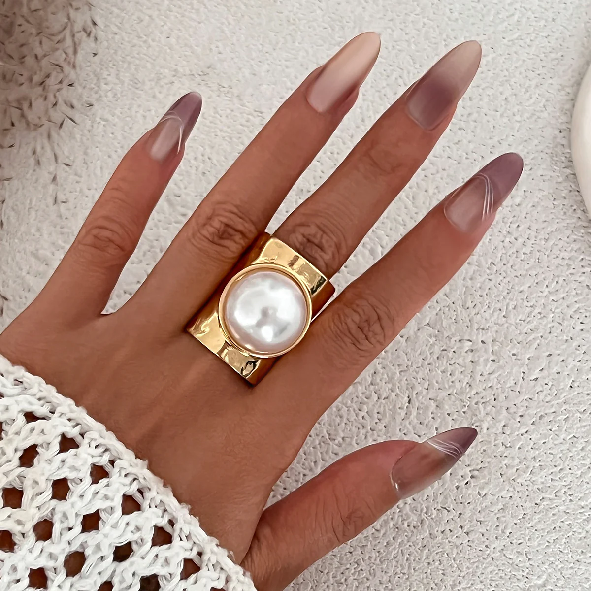 Punk Pearl Geometric Adjustable Ring - Image 2