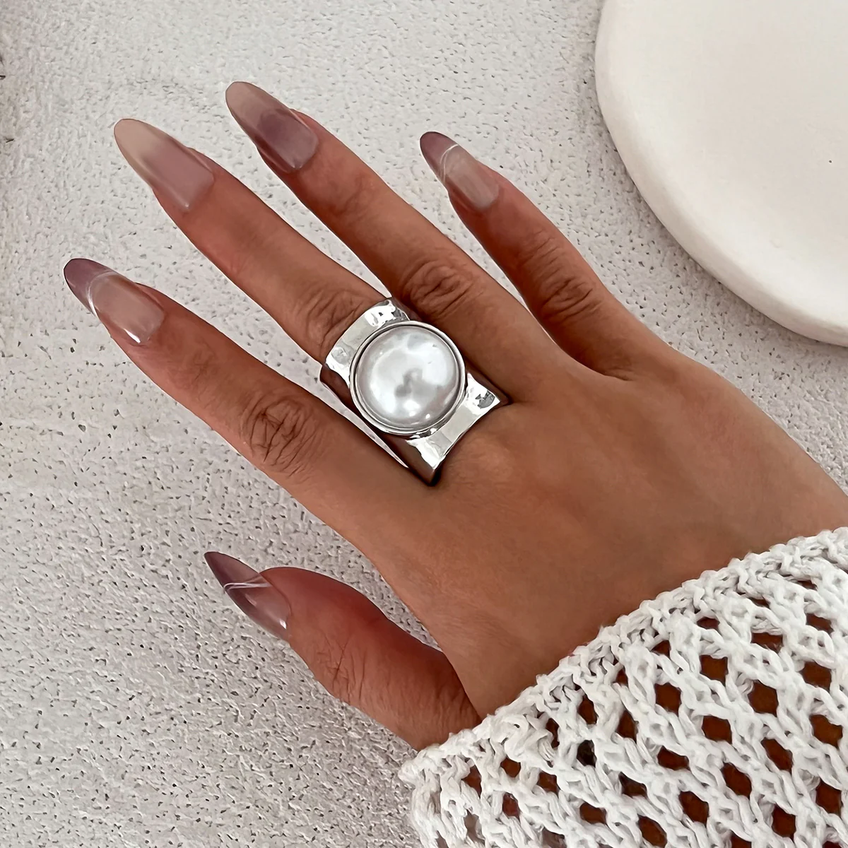 Punk Pearl Geometric Adjustable Ring - Image 3
