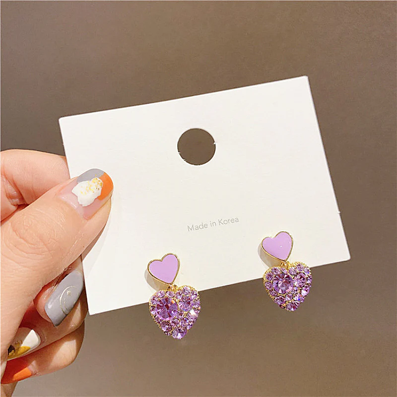 Purple Crystal Heart Drop Earrings - Image 2