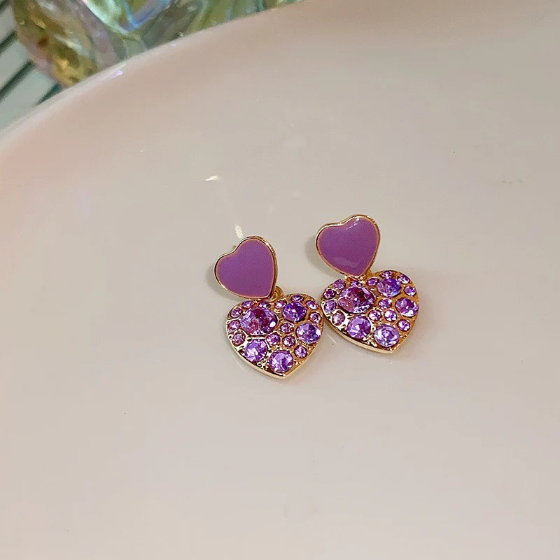 Purple Crystal Heart Drop Earrings - Image 3