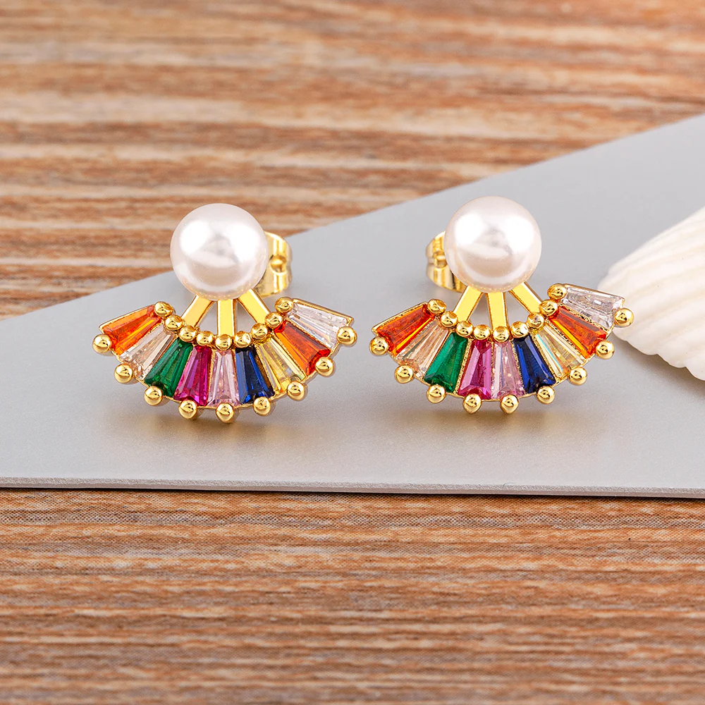 Rainbow Gem Pearl Drop Earrings - Image 3