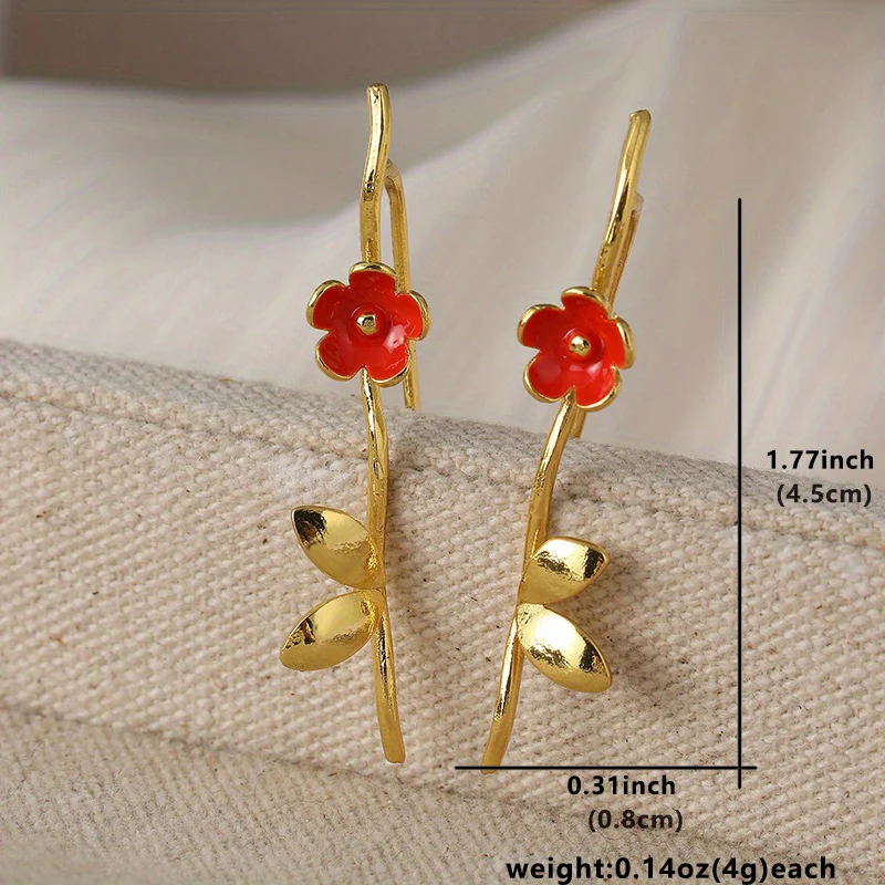 Red Floral Gold Statement Earrings - Image 2
