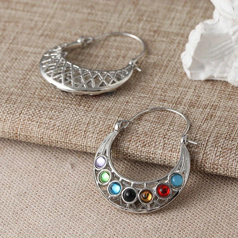 Retro Gemstone Hoop Earrings - Image 2