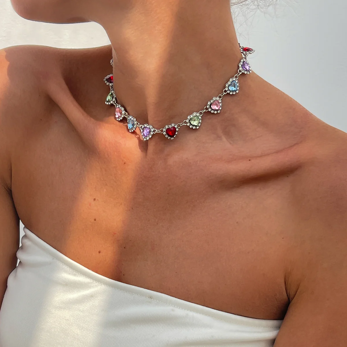 Rhinestone Heart Choker Necklace - Image 2
