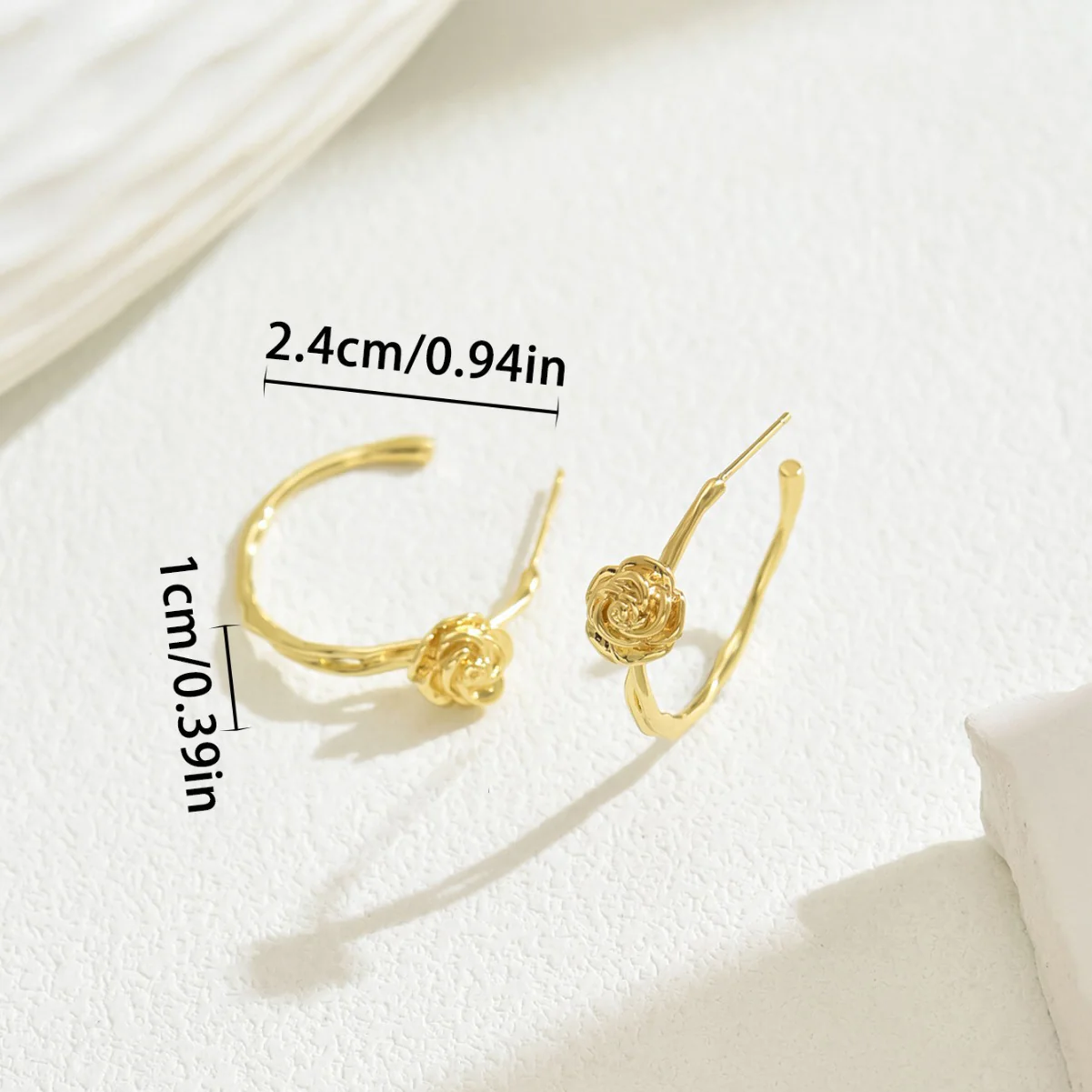 Rose Detail Gold Hoop Earrings - Image 2