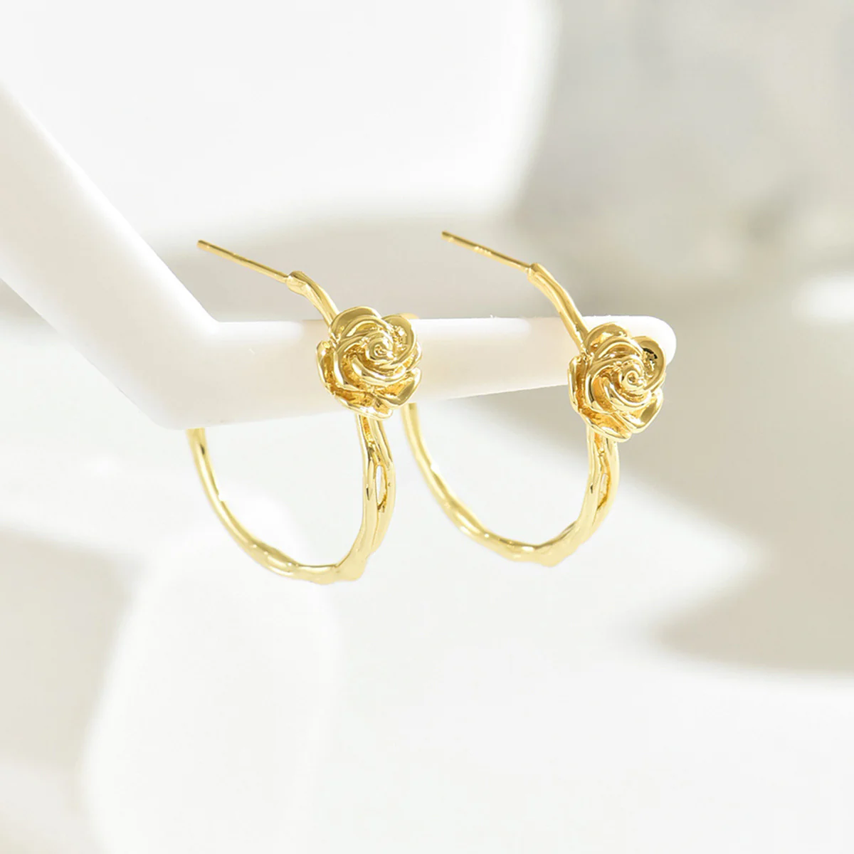 Rose Detail Gold Hoop Earrings - Image 3