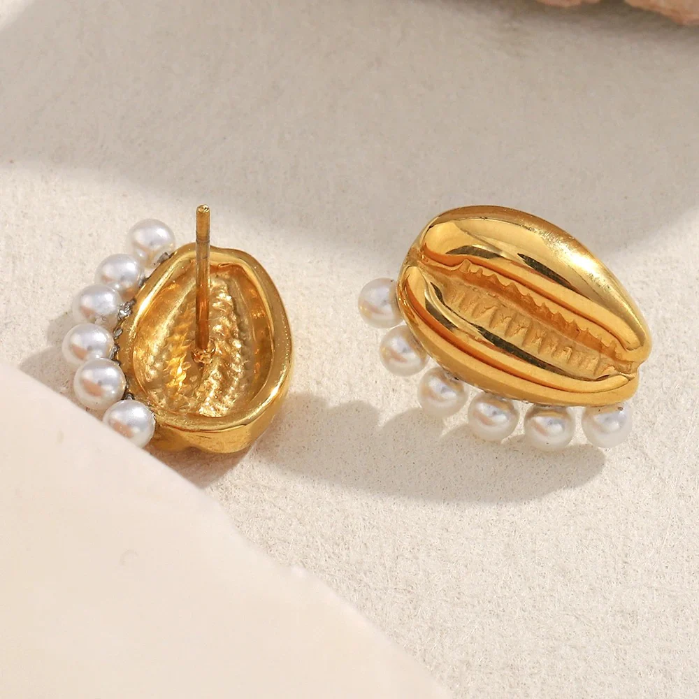 Smooth Pearl Seashell Stud Earrings - Image 3