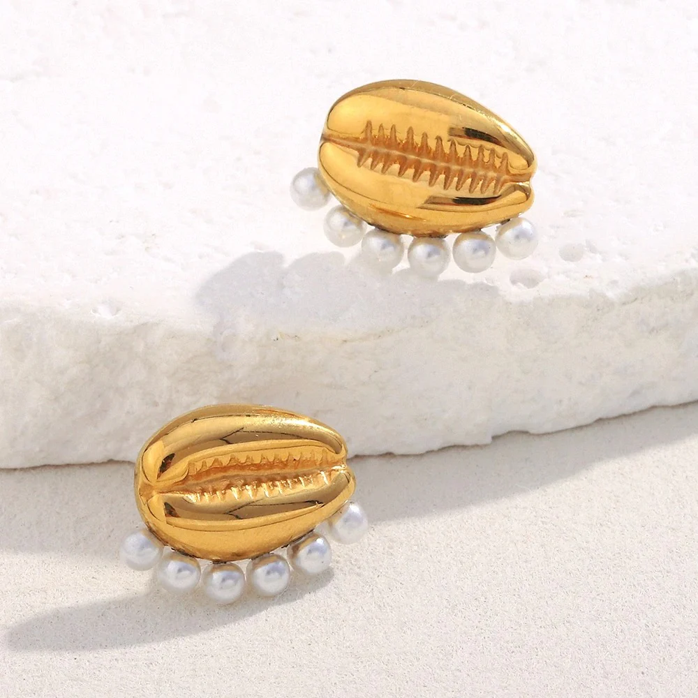 Smooth Pearl Seashell Stud Earrings - Image 4