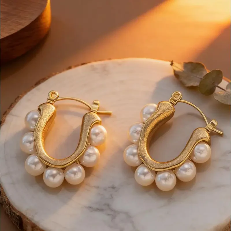 U-Shaped Pearl Hoop Earrings - Image 2