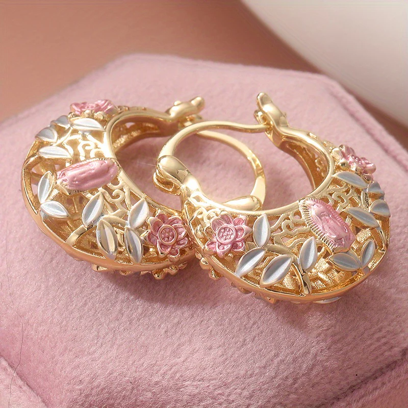 Virgin Mary Floral Hoop Earrings - Image 2