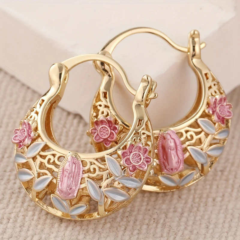 Virgin Mary Floral Hoop Earrings - Image 3