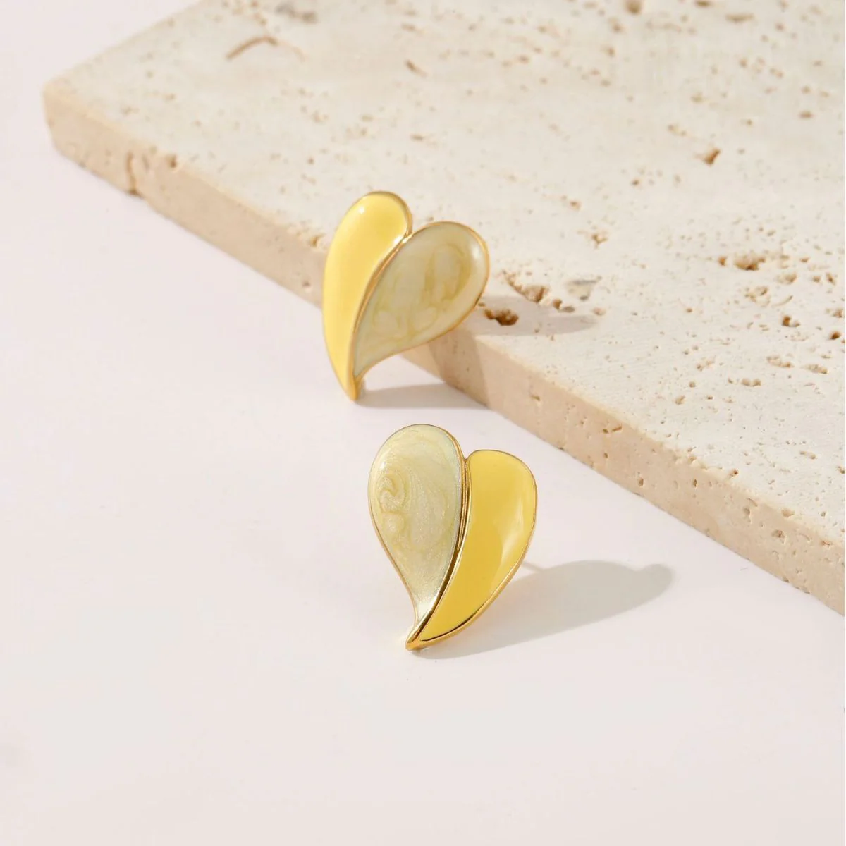 Yellow & White Heart Stud Earrings - Image 3