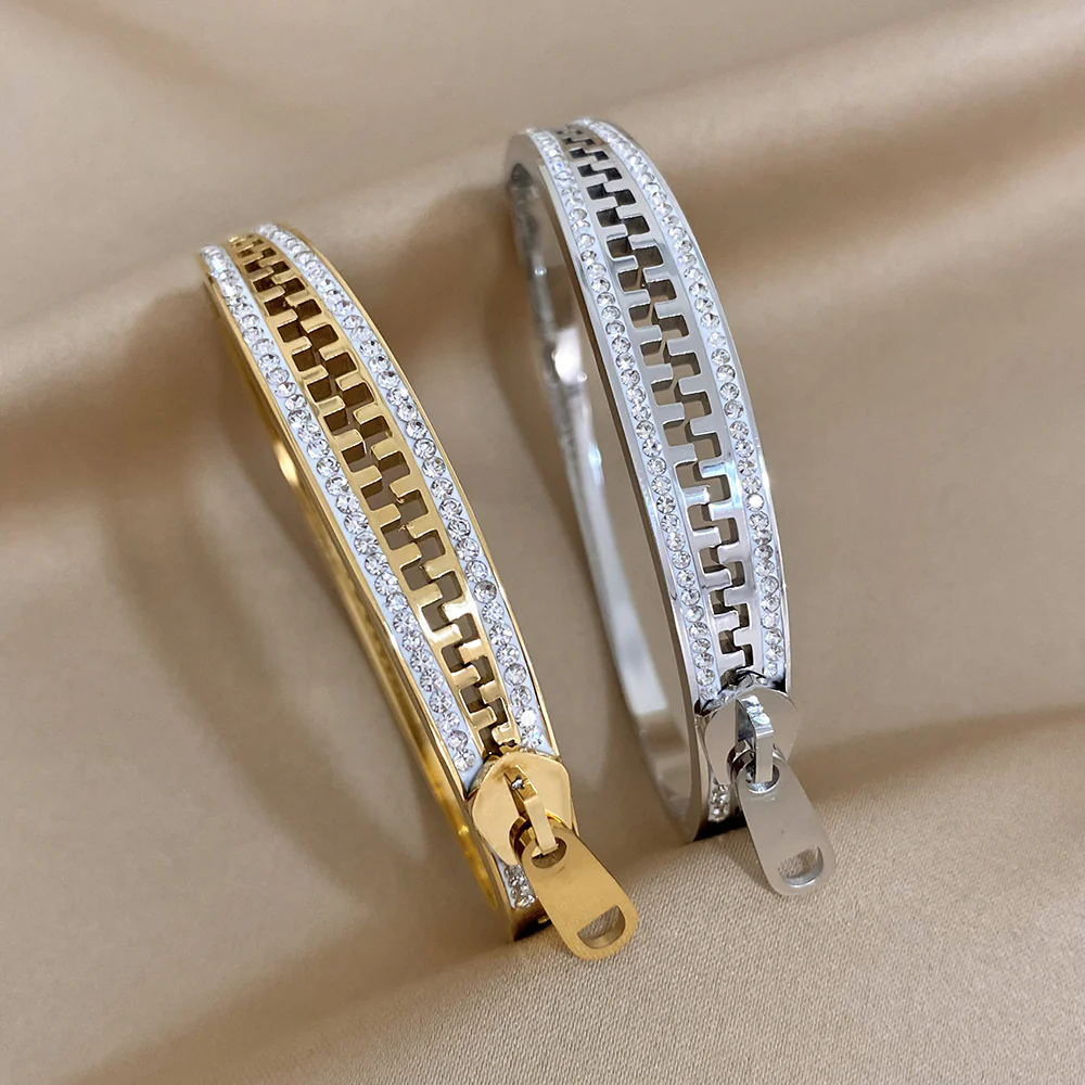 Zipper-Inspired Crystal Accent Gold Bracelet - Image 3